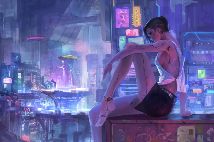 Cyberpunk city with a cyborg woman