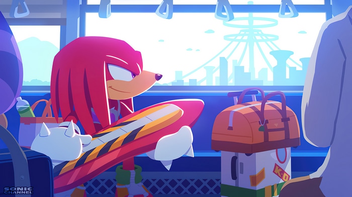 Knuckles the Echidna on a train with luggage