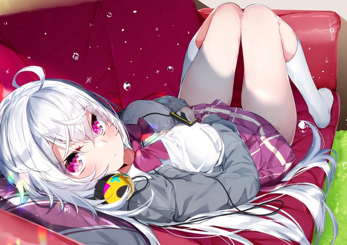 Anime girl with white hair and purple eyes on a couch