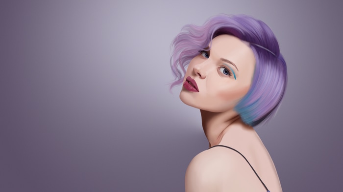 4K drawing of a woman with purple hair