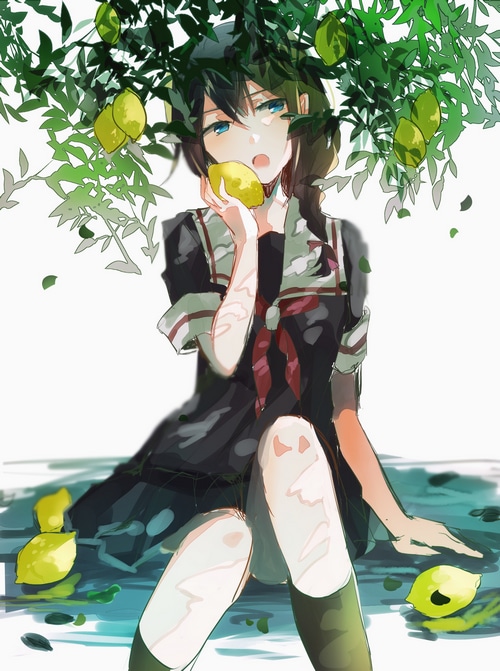 Kantai Collection Shigure eating a lemon under a tree
