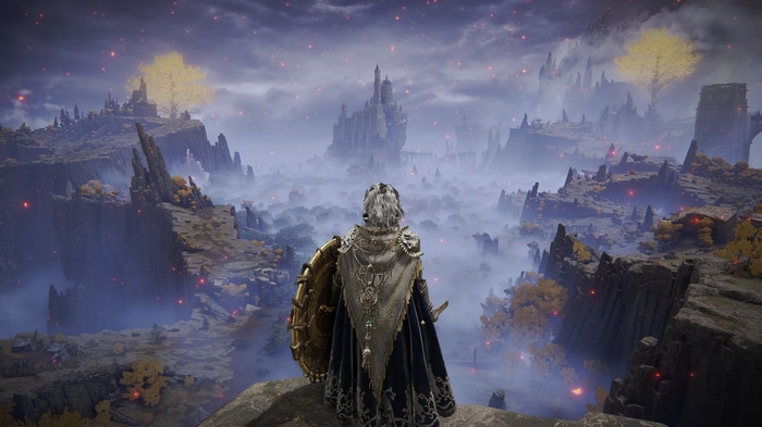 Elden Ring landscape with a character overlooking a castle
