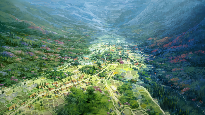 Anime valley with village and mountains