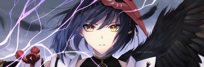 Kujou Sara with black wings and lightning