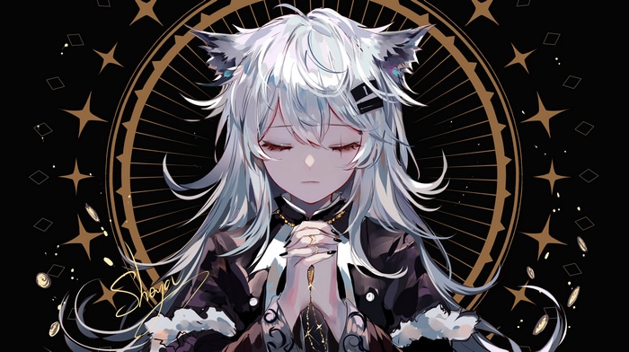 Sheya, wolf girl with closed eyes, praying