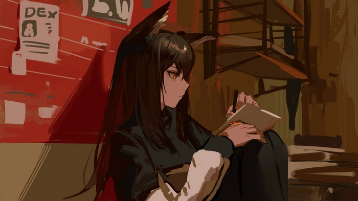 Texas from Arknights writing in a notebook