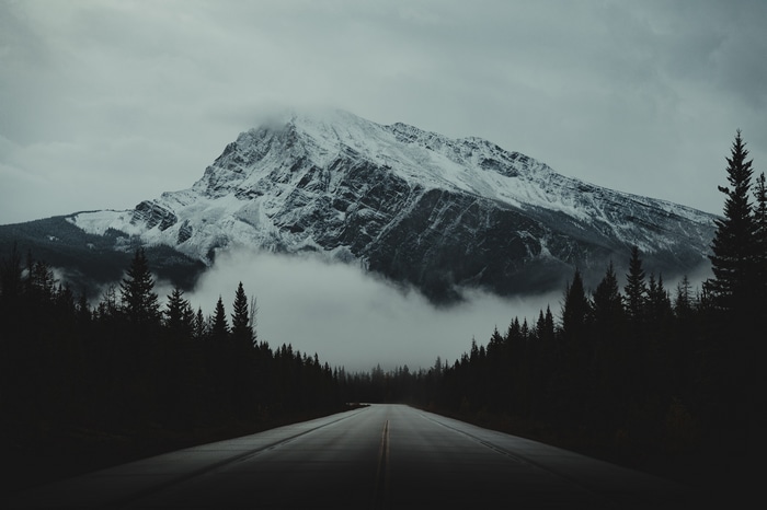 Snow-capped mountain road through a dark forest