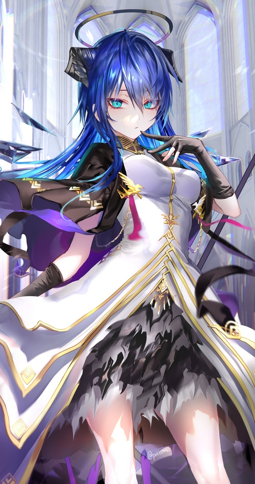 Mostima from Arknights with blue hair and horns
