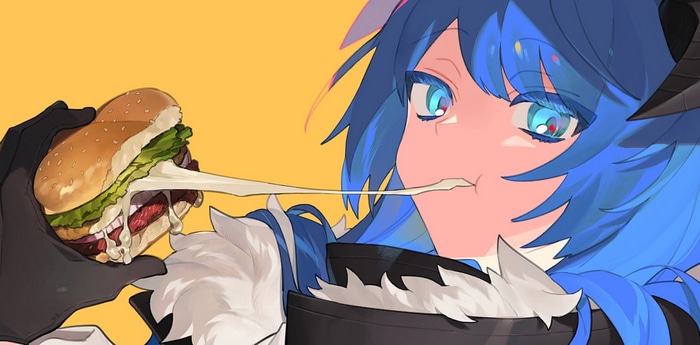 Mostima from Arknights eating a burger