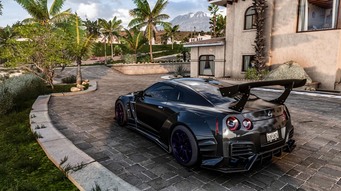 4K Nissan GT-R with a large rear spoiler