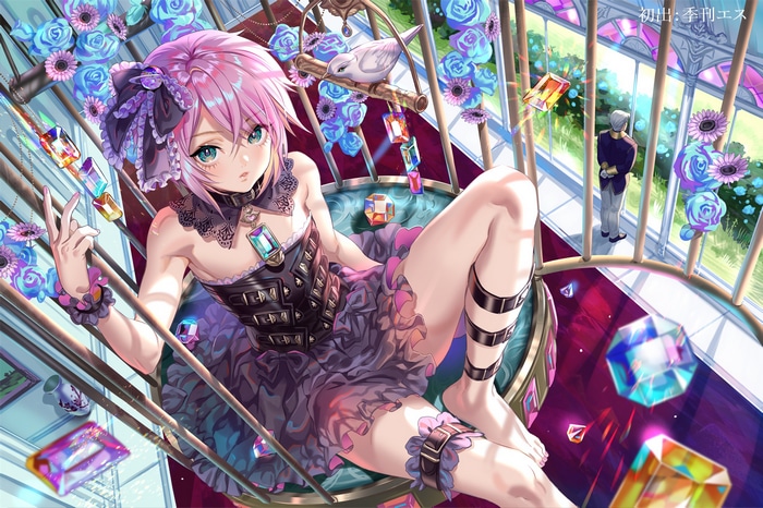 Anime boy with pink hair in a cage with gems and flowers