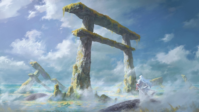 Fantasy art of ancient ruins and a figure by Frank Sun