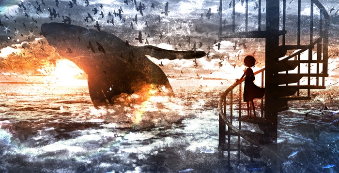 Whale and girl on a spiral staircase overlooking the sea