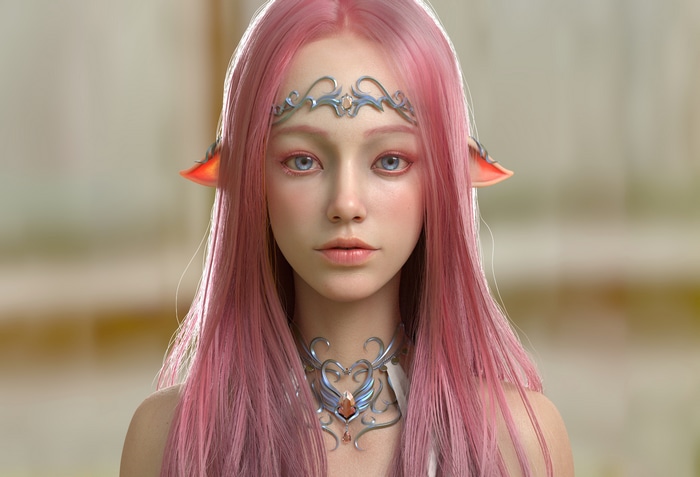 Fantasy girl with pink hair and pointy ears