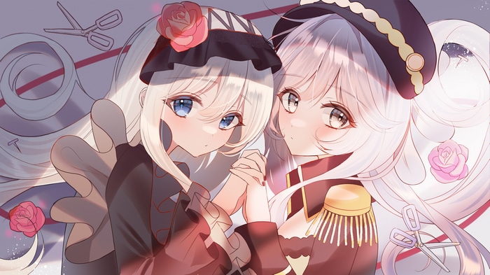 Artwork of two anime girls with roses and scissors