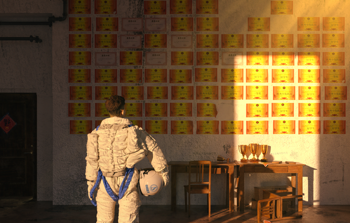 Astronaut looking at wall of awards