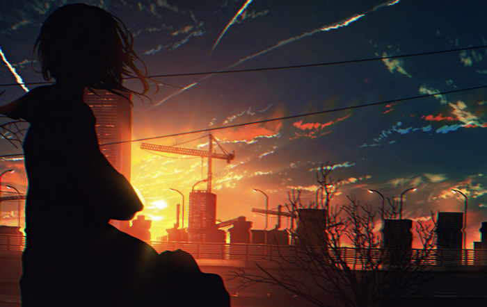 Silhouette of a girl against a sunset cityscape