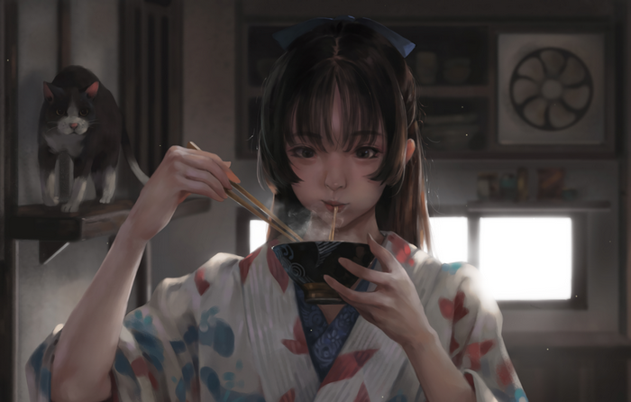 Rui Li eating noodles with a cat