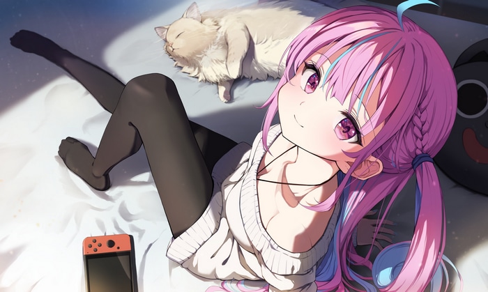 Minato Aqua and cat on bed with Nintendo Switch
