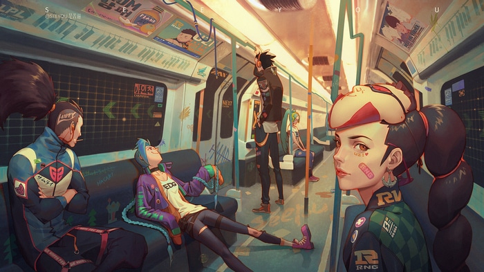 League of Legends characters on a subway train