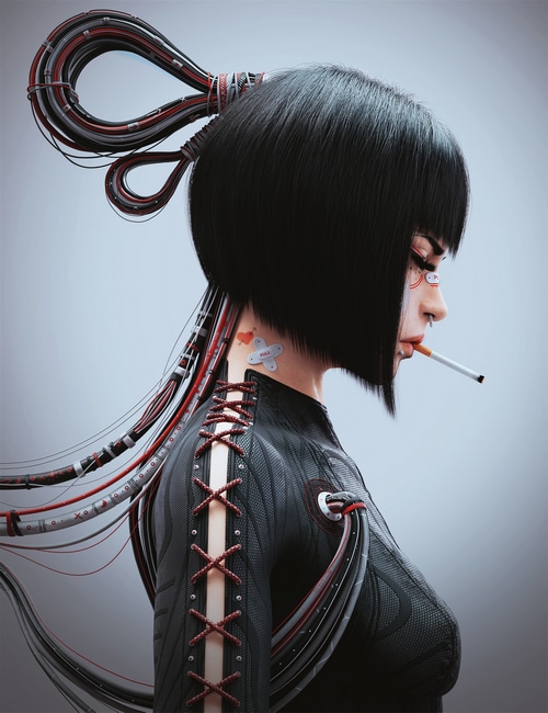 Futuristic Woman Smoking with Cybernetic Implants