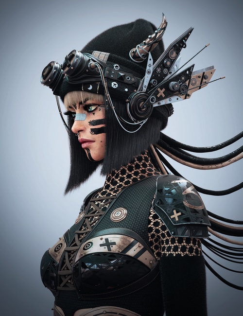 Artwork of a woman with cyberpunk attire