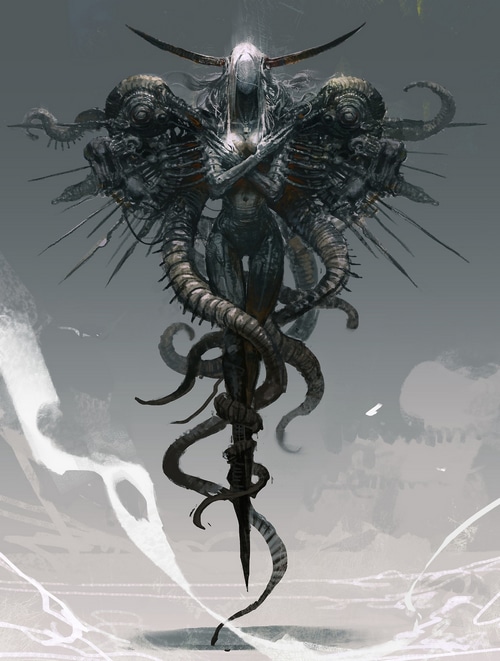 Horned creature with tentacles and a sword