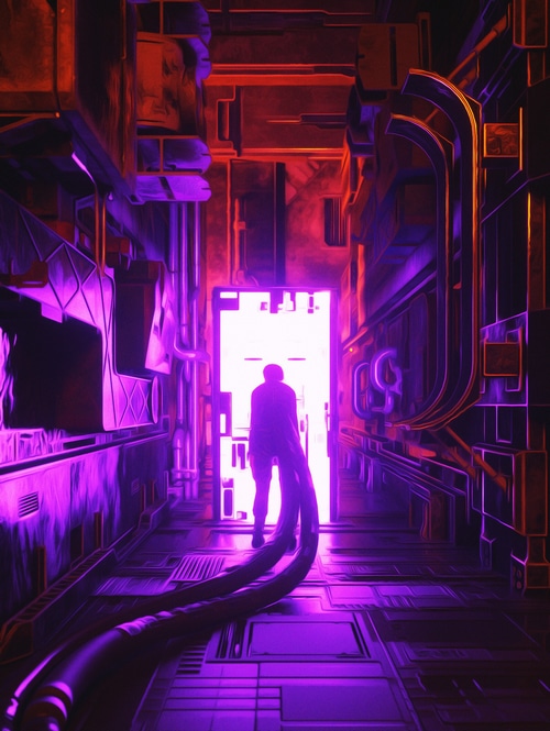 Futuristic hallway with a glowing portal and a figure