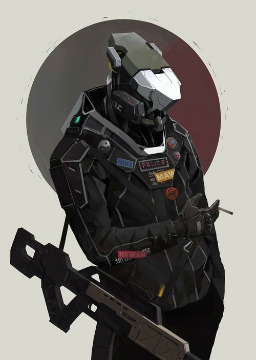 Futuristic police robot with a weapon