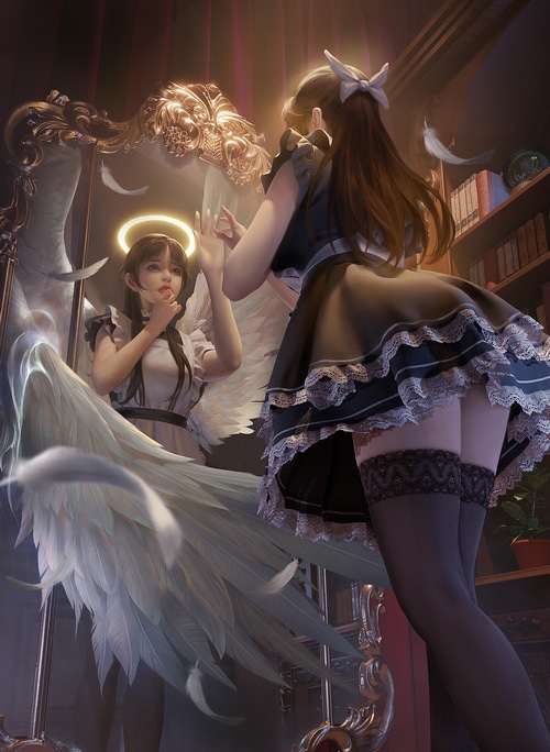 Angel in a maid outfit looking in a mirror