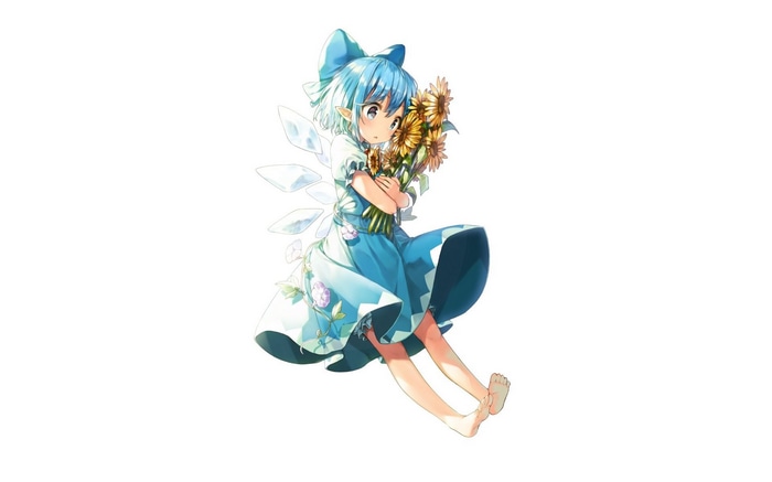 Cirno from Touhou holding sunflowers
