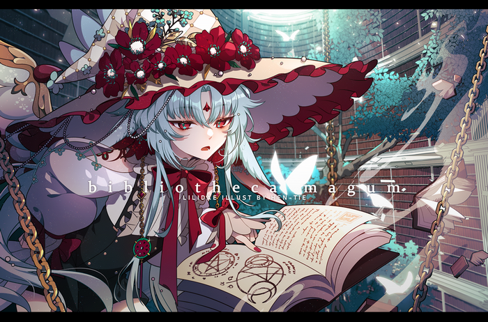 Anime girl with light blue hair and red eyes reading a book