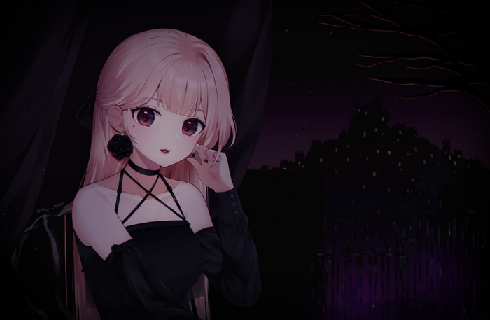 Anime girl in black dress with castle background