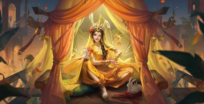 Fantasy girl in yellow dress with rabbits