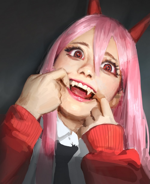 Power from Chainsaw Man with fangs and red eyes