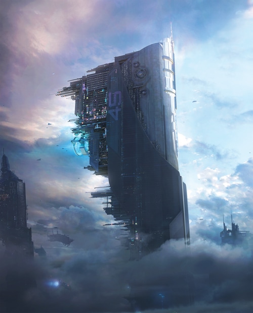 Cyberpunk megastructure in the clouds