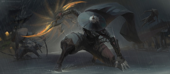Concept art of ninjas in the rain
