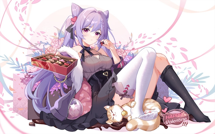 Keqing from Genshin Impact with chocolates and cat
