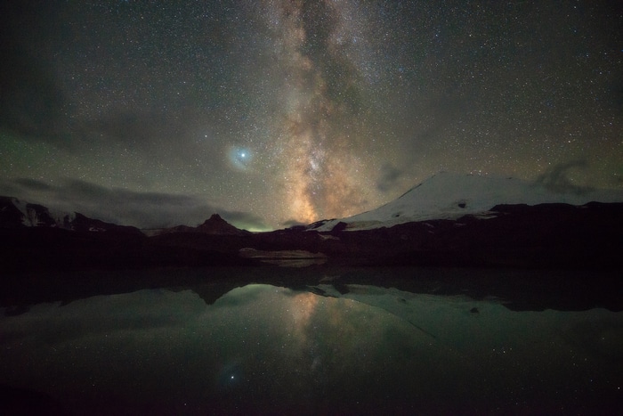 Milky Way over snow-capped mountains and lake