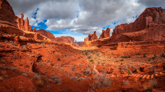 4K Arches National Park Landscape with Red Rock Formations