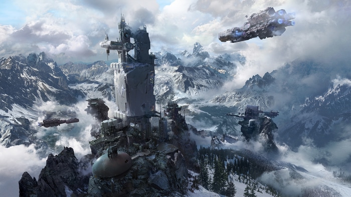 Futuristic military base in misty mountains with airships