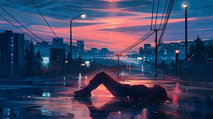 4K Alena Velichko lying on wet street at sunset