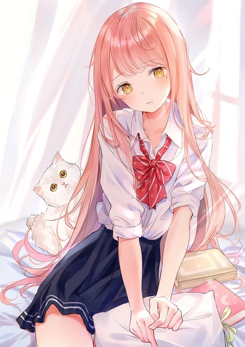 Anime girl with pink hair and a cat