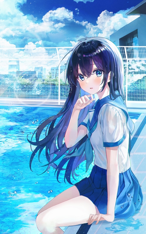 Eumi in a school uniform by a pool