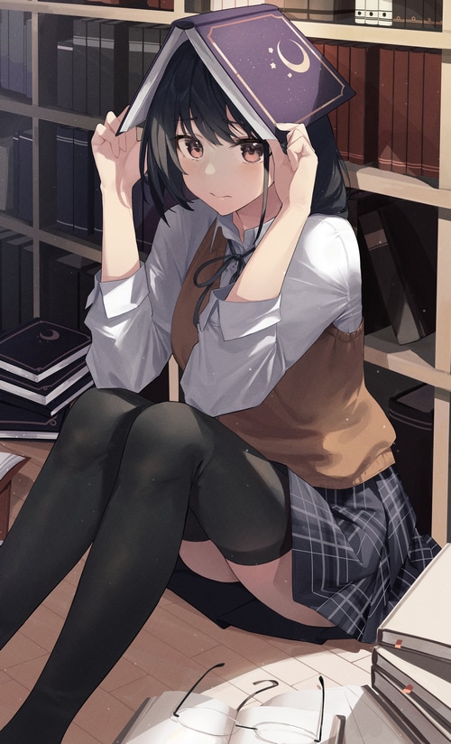 Anime girl with book on head in library