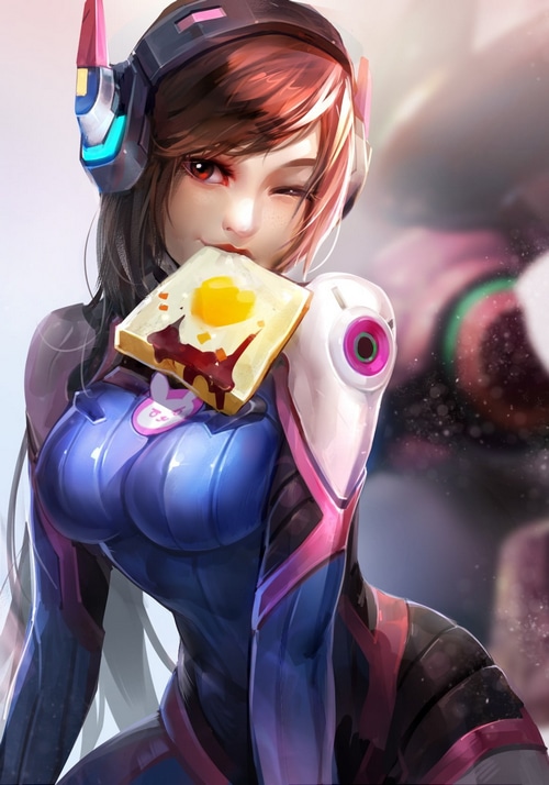 D.Va eating toast with fried egg and jam