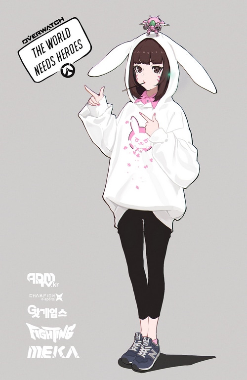 D.Va from Overwatch in bunny hoodie with D.Va mech