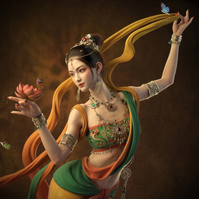 Dunhuang dancer with lotus and butterflies