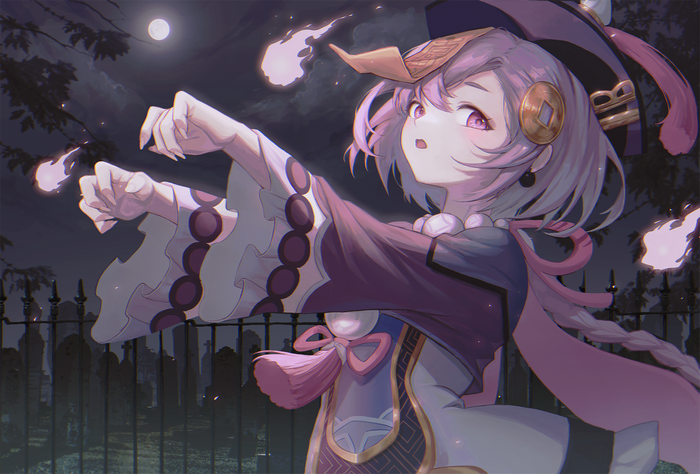 Qiqi from Genshin Impact in a graveyard at night