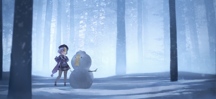 Qiqi and a snowman in a snowy forest